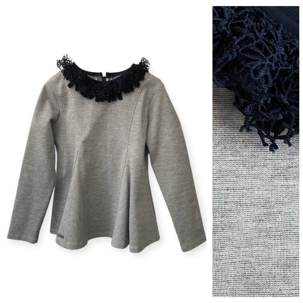 Pan Con Chocolate Gray Navy Blue Frill Collar Long Sleeve Top 5t